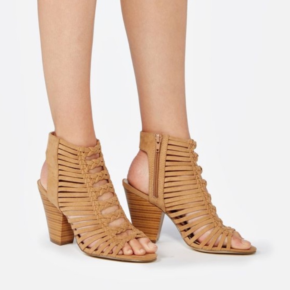 JustFab tan, Abba Heeled, Strappy Sandal Size 9